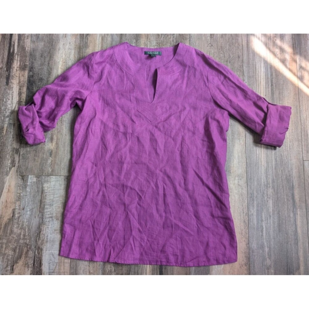 Lauren Ralph Lauren 100% Linen Tunic Women's Medium Purple Roll-Tab Sleeve